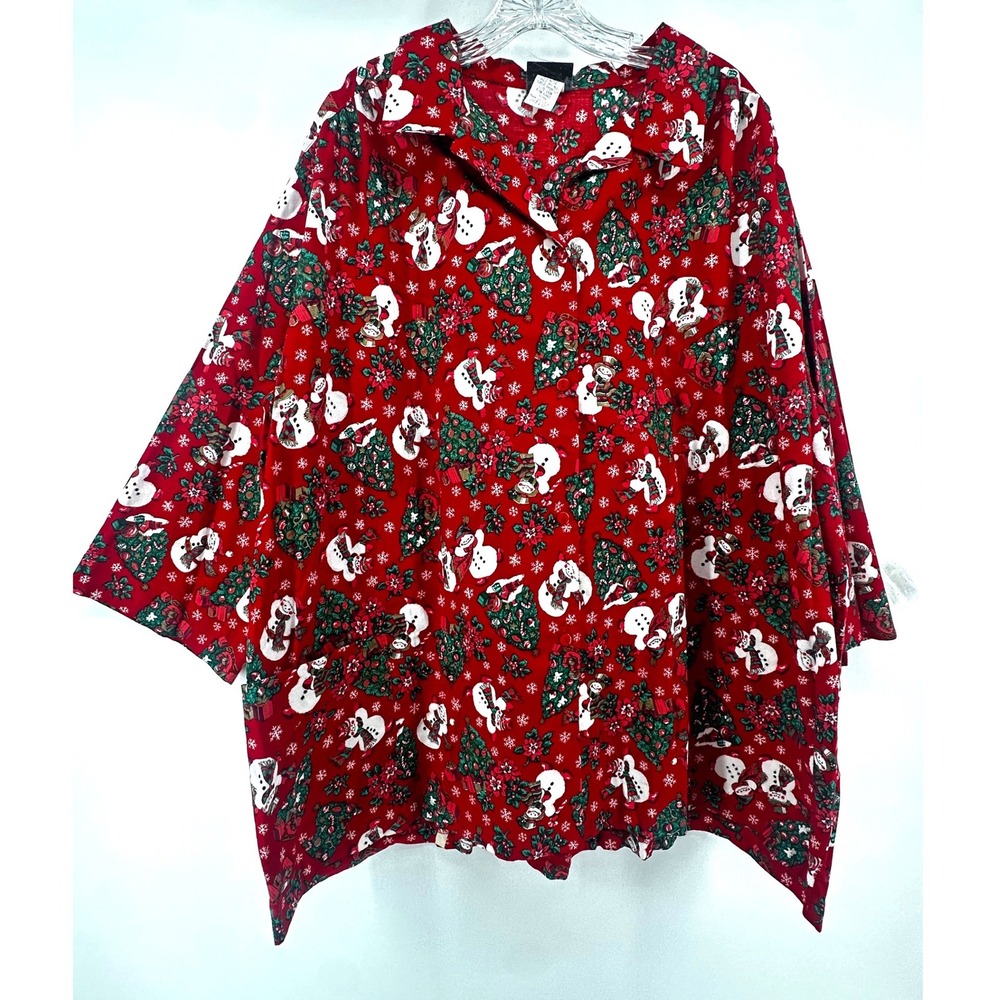 Lady Lori Christmas Snowman Tree Red Cotton Button Up Shirt Plus Size 3X USA